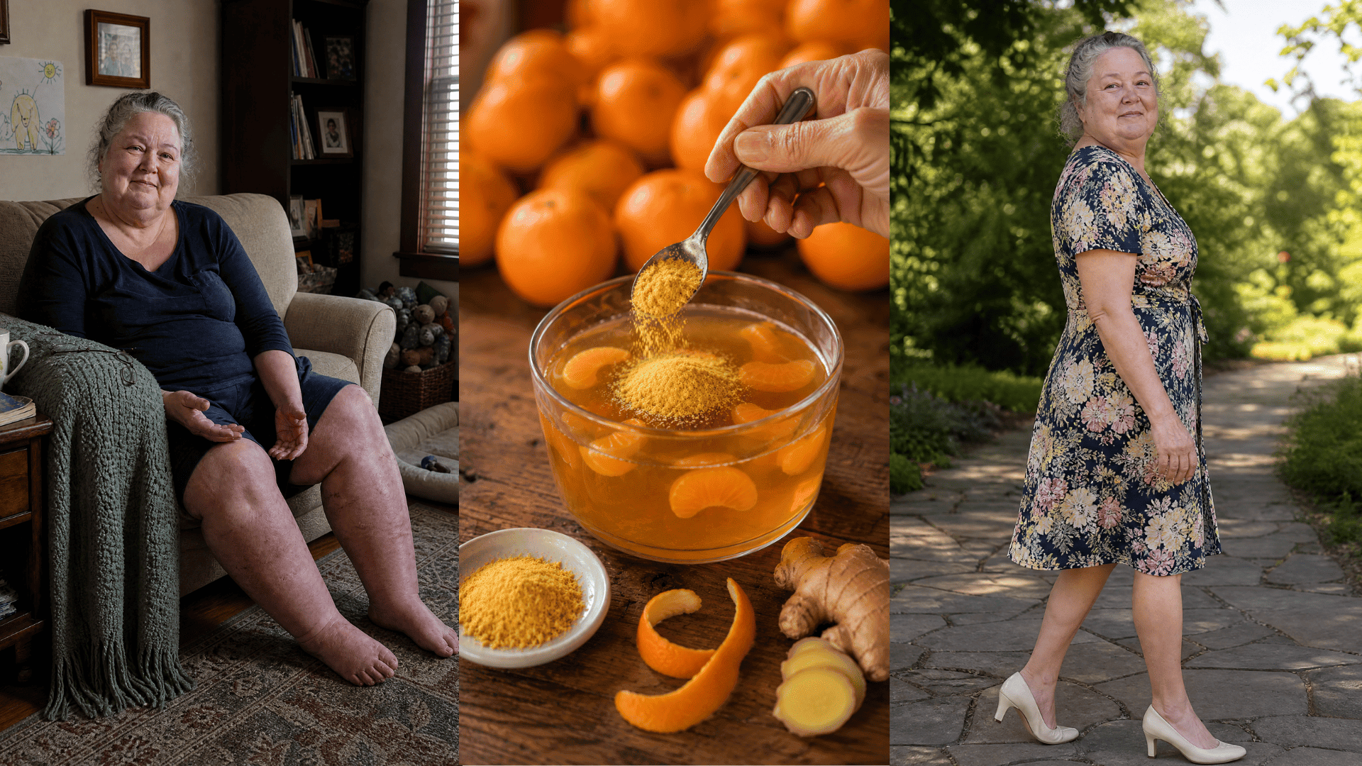 Three-panel collage — Deborah exhausted on the couch with swollen legs, the morning tonic ritual with tangerines and turmeric, and Deborah laughing outdoors in a wrap dress and ivory heels