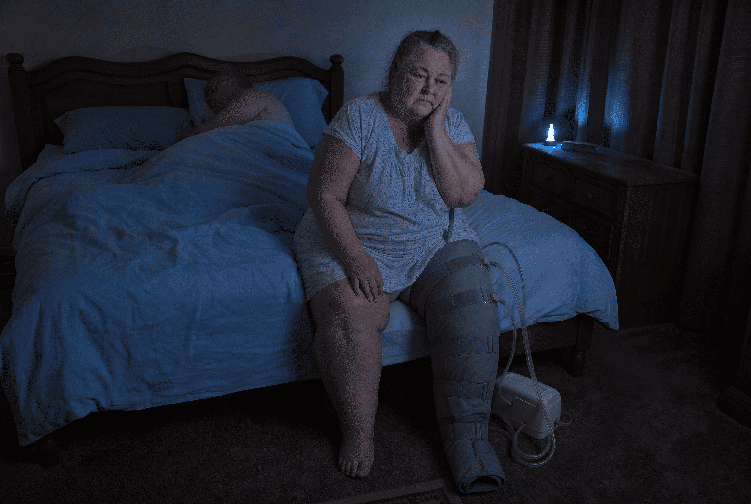 Deborah at 3am on the edge of her bed, one leg strapped into a pneumatic compression pump, hand pressed to her swollen cheek