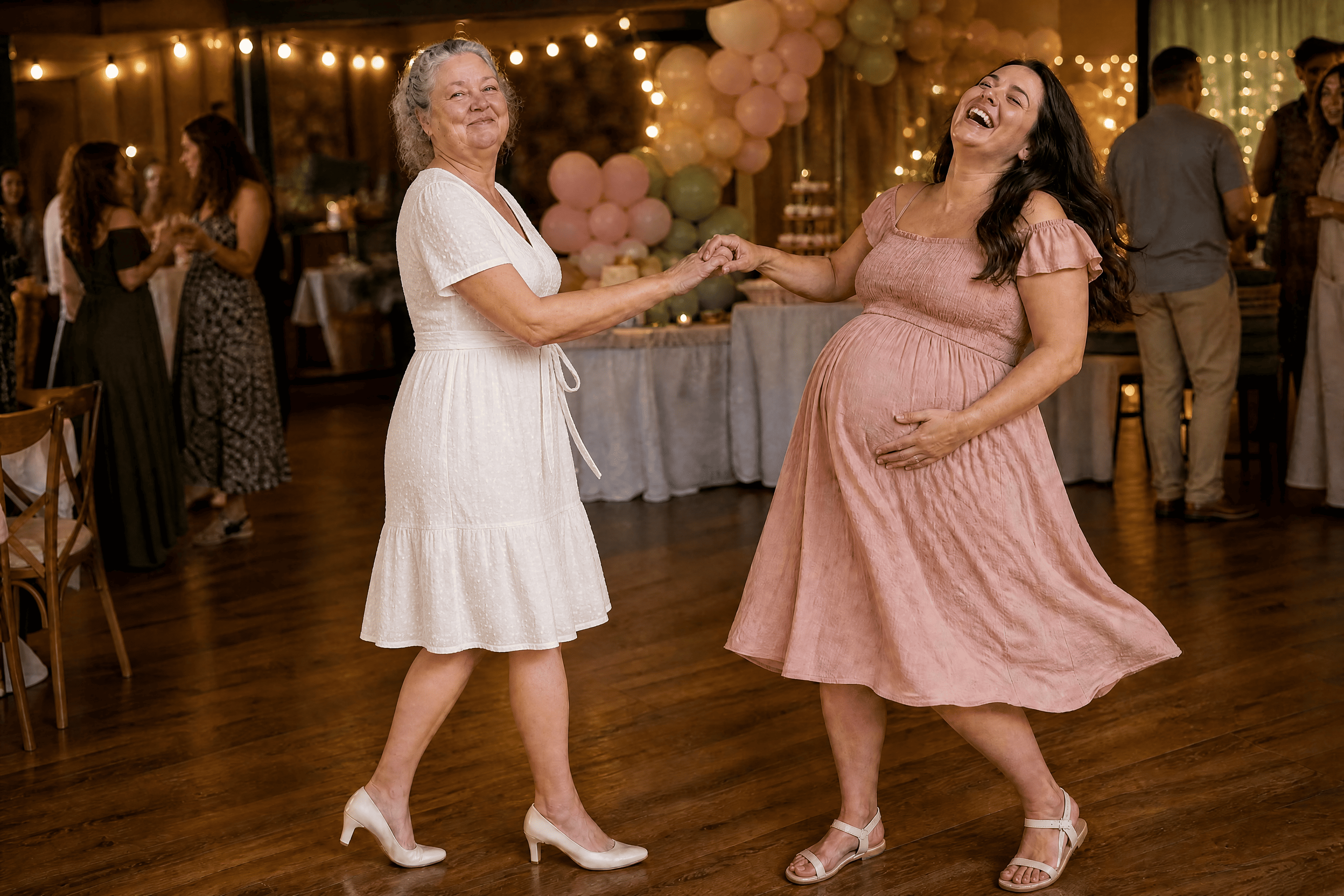 Deborah dancing with her pregnant daughter Emma at the baby shower, ivory pumps visible on slim ankles, string lights and pastel balloons behind them