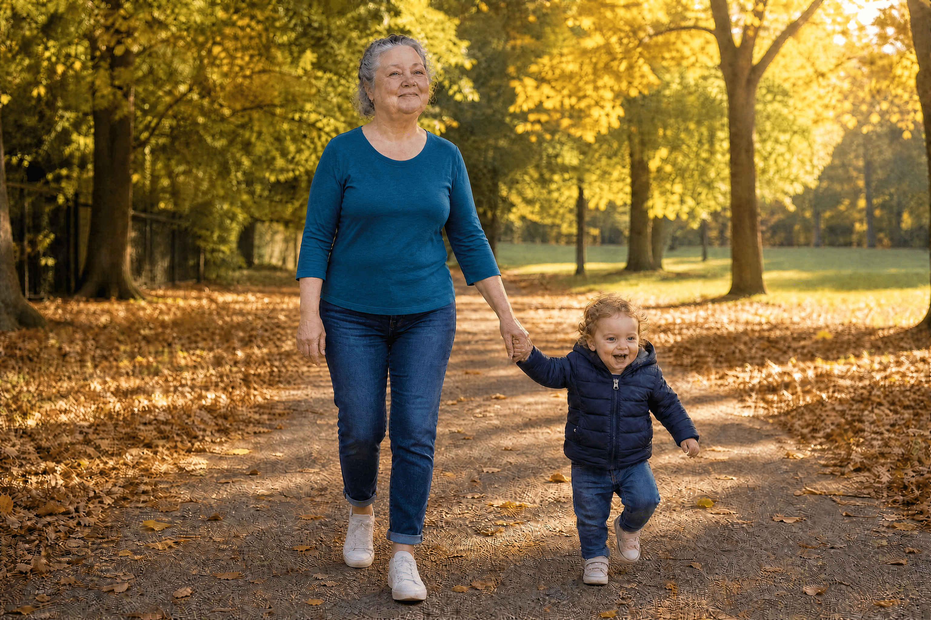 Deborah walking on a sunlit park path holding her toddler grandchild's hand, slim ankles visible, no compression sleeves